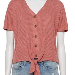 Juniors' Pink Republic Short Sleeve Button Tie Front Top